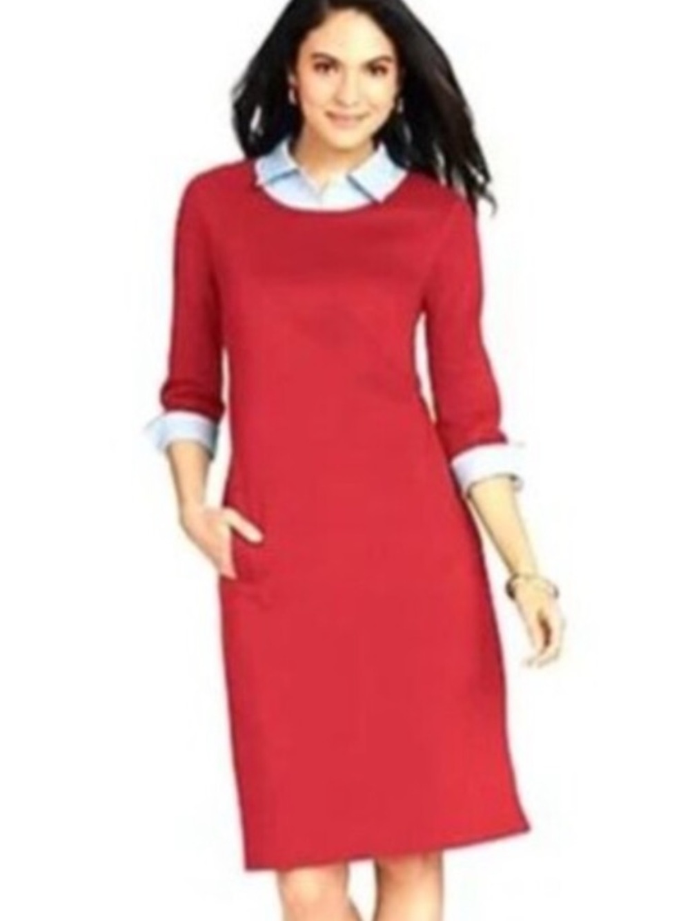 Talbots Women's Red Long-Sleeve Shift Dress Blue Stripe Accents Pockets